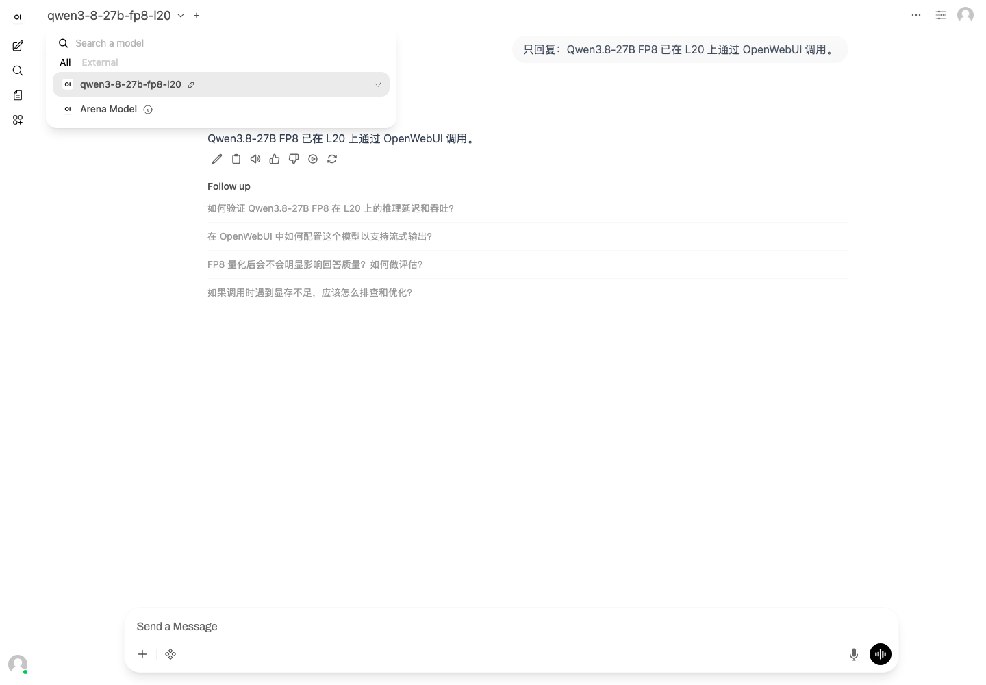 OpenWebUI 模型选择器中已注册 Qwen3.8-27B-FP8