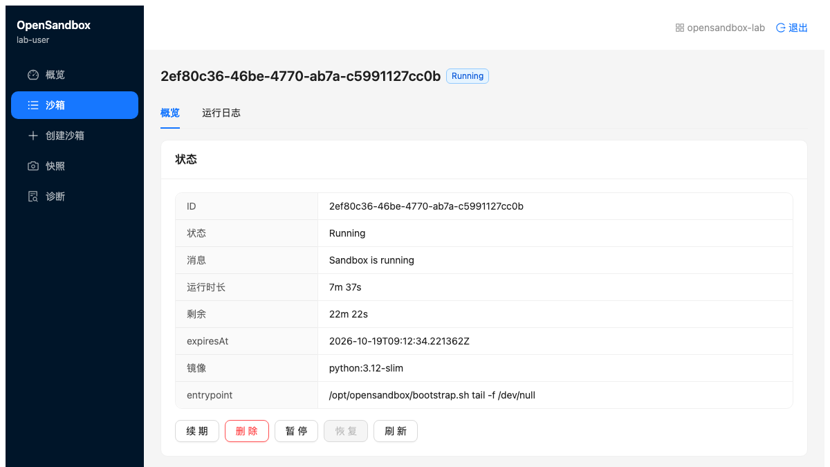 通过官方 Console 创建的真实 Python 沙箱，详情显示 Running、镜像和到期时间