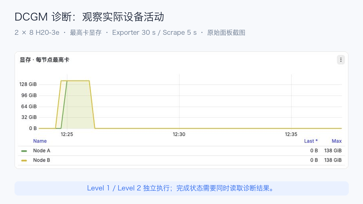 Device state during DCGM checks; highest per-node GPU memory, with original Chinese screenshot labels retained