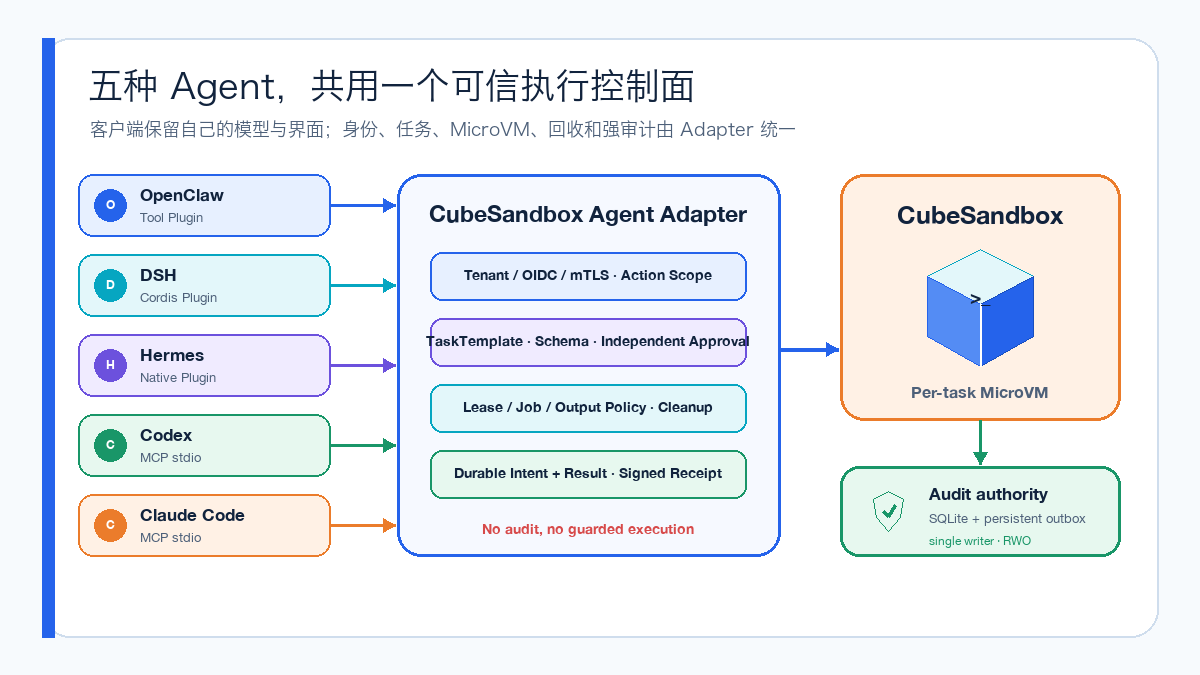 Five Agents sharing CubeSandbox Agent Adapter