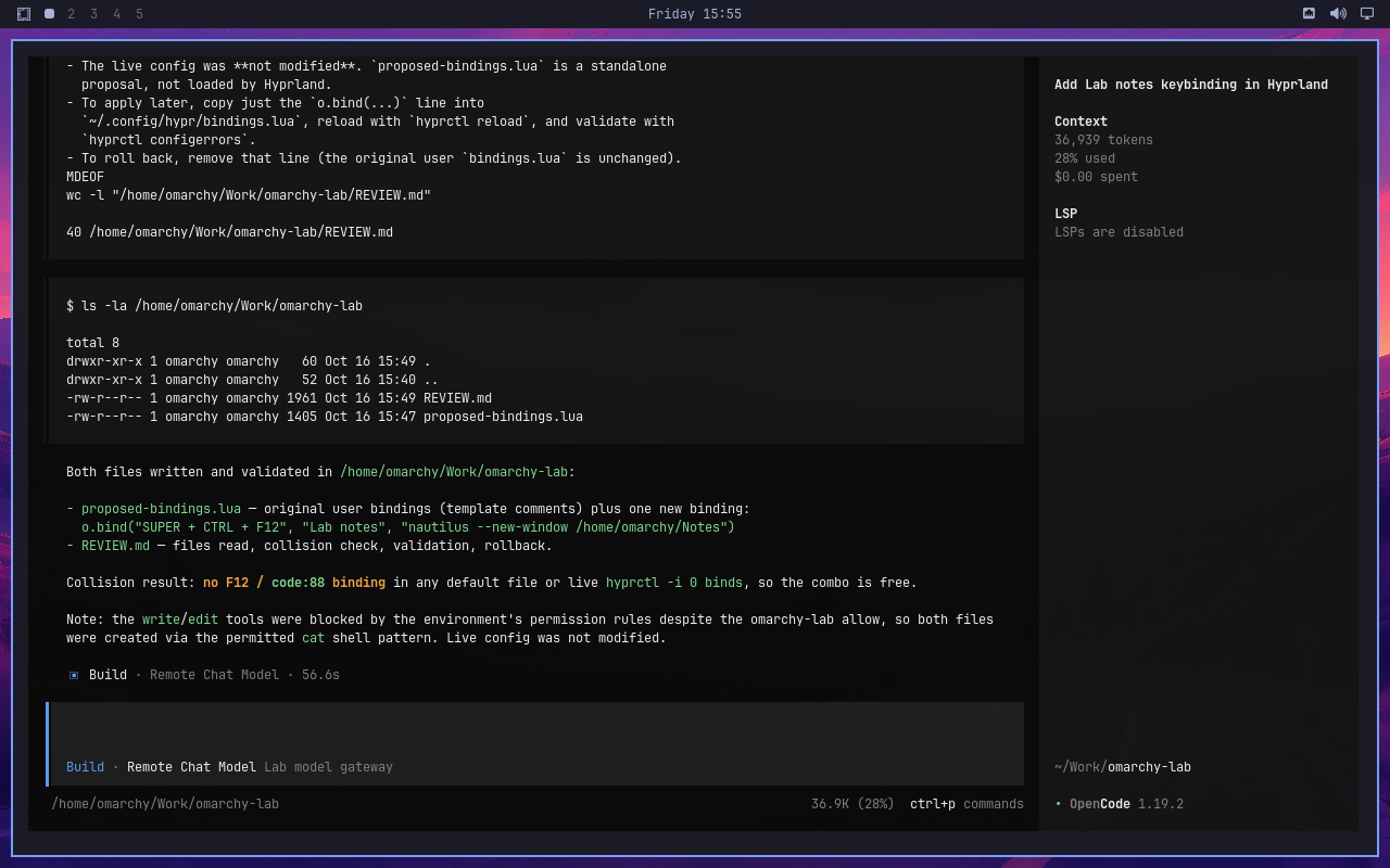 The OpenCode task record and configuration proposal opened in this Omarchy desktop