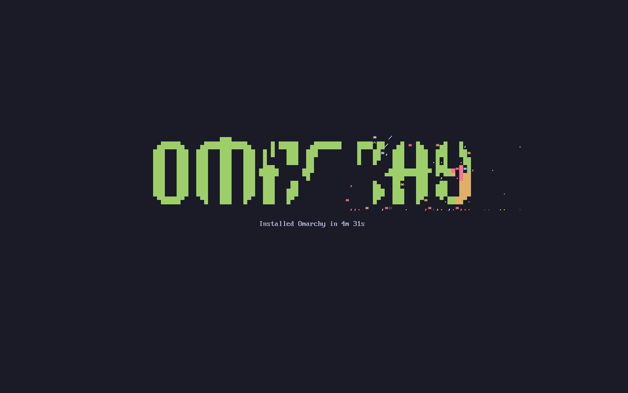This KubeVirt VM installation of Omarchy completed, with the installer showing 4m31s