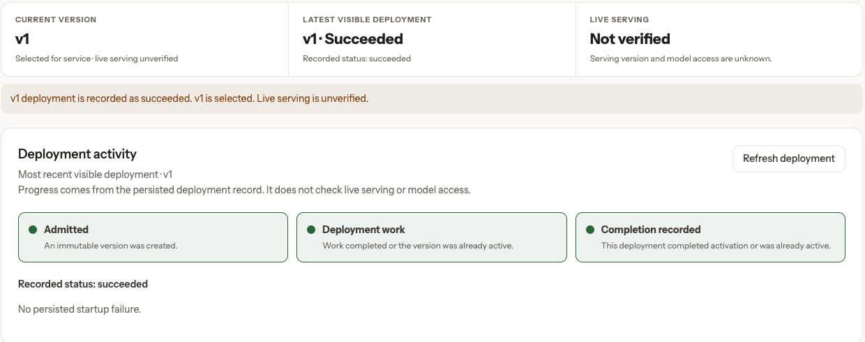 Real Console current version and successful deployment record, with internal identifiers redacted